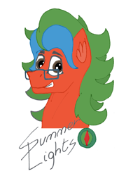 Size: 3066x4260 | Tagged: safe, artist:summerium, oc, oc only, oc:summer lights, cutie mark, ear fluff, glasses, long mane, male, mixed media, smiling, text