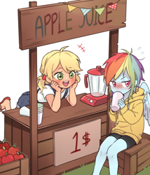 Size: 1200x1400 | Tagged: safe, artist:dcon, character:applejack, character:rainbow dash, ship:appledash, my little pony:equestria girls, anime style, apple, apple juice, blender (object), blushing, clothing, cup, cute, dashabetes, dawwww, dcon is trying to murder us, female, flip-flops, food, hnnng, humanized, jackabetes, juice, lesbian, no nose, overalls, precious, sandals, shipping, shorts, simple background, sweater, tsundere, weapons-grade cute, white background, winged humanization, wings, younger