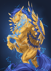 Size: 1500x2100 | Tagged: safe, artist:rossignolet, character:flash sentry, species:pony, awesome, buff, electricity, epic, flash hunktry, flex sentry, glowing tattoos, handsome, male, muscles, simple background, solo, storm, torn ear