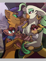 Size: 2048x2732 | Tagged: safe, artist:percy-mcmurphy, character:capper dapperpaws, character:captain celaeno, oc, parent:capper dapperpaws, parent:captain celaeno, species:abyssinian, species:anthro, ship:caplaeno, my little pony: the movie (2017), beauty mark, clothing, couple, cute, ear piercing, earring, family, father, female, future, hat, hybrid, interspecies offspring, jewelry, male, mother, next generation, nuzzling, offspring, one eye closed, parents:caplaeno, piercing, pirate hat, shipping, smiling, wink