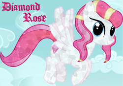 Size: 688x483 | Tagged: safe, artist:violetclm, character:diamond rose, species:crystal pony, species:pegasus, species:pony, crystallized, cutie mark, female, flying, hooves, mare, sky, smiling, solo, spread wings, text, wings