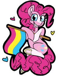 Size: 840x997 | Tagged: safe, artist:sallindaemon, character:pinkie pie, species:earth pony, species:pony, alternate design, blaze (coat marking), colored hooves, female, headcanon, lgbt, lgbt headcanon, lgbtq, looking at you, mare, pansexual pride flag, pride, pride flag, pride month, pride ponies, sexuality headcanon, simple background, smiling, solo, transparent background, underhoof