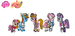 Size: 6400x3072 | Tagged: safe, artist:omegaridersangou, character:maud pie, character:patch (g1), character:ribbon (g1), character:shady, character:sundance, g1, my little pony tales, clothing, cosplay, costume, crossover, cure amour, cure ange, cure etoile, cure ma chérie, cure yell, g1 to g4, generation leap, hugtto precure, my little pony logo, precure, pretty cure, simple background, white background