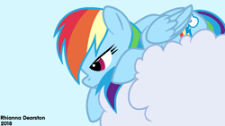 Size: 1052x592 | Tagged: safe, artist:pupster0071, character:rainbow dash, blue background, cloud, female, resting, simple background, solo