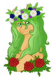 Size: 411x581 | Tagged: safe, artist:kimyowolf, oc, oc:curiosa dream, species:earth pony, species:pony, bust, female, floral head wreath, flower, mare, portrait, rose, simple background, solo, transparent background