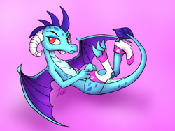 Size: 1280x960 | Tagged: safe, artist:zoarvek, character:princess ember, species:dragon, clothing, female, ripping clothes, socks, solo