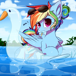 Size: 1500x1500 | Tagged: safe, artist:heddopen, character:rainbow dash, species:pegasus, species:pony, alternate hairstyle, beach, beautiful, blushing, chest fluff, cute, dashabetes, ear fluff, eye clipping through hair, female, fluffy, food, inflatable, inflatable toy, mare, pool toy, popsicle, solo, sunglasses, swan, wings
