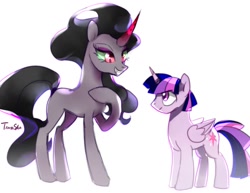 Size: 1181x914 | Tagged: safe, artist:tingsan, character:king sombra, character:twilight sparkle, character:twilight sparkle (alicorn), oc:dusk shine, species:alicorn, species:pony, ship:twibra, curved horn, female, male, mare, prince dusk, queen umbra, rule 63, shipping, simple background, smiling, stallion, straight, umbrashine, white background