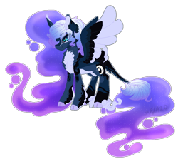 Size: 1035x923 | Tagged: safe, artist:owl-clockwork, base used, character:princess luna, species:alicorn, species:pony, alternate design, chest fluff, cloven hooves, coat markings, colored wings, colored wingtips, curved horn, ethereal mane, female, galaxy mane, leonine tail, mare, redesign, simple background, solo, transparent background, unshorn fetlocks