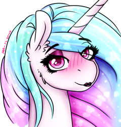 Size: 539x564 | Tagged: safe, artist:aaa-its-spook, character:princess celestia, species:alicorn, species:pony, blushing, eyeshadow, female, lipstick, looking at you, makeup, princess, smiling, solo