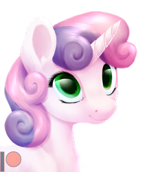 Size: 900x1049 | Tagged: safe, artist:thatonegib, character:sweetie belle, species:pony, species:unicorn, bust, cute, female, filly, green eyes, horn, looking up, multicolored hair, patreon, patreon logo, simple background, smiling, transparent background