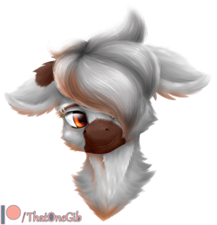 Size: 900x928 | Tagged: safe, artist:thatonegib, oc, oc only, oc:opal, bust, cheek fluff, coat markings, ear fluff, eyebrow piercing, eyebrows, floppy ears, fluffy, hair over one eye, head tilt, looking at you, neck fluff, orange eyes, patreon, patreon logo, piercing, portrait, simple background, smiling, solo, transparent background
