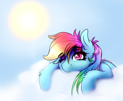 Size: 1321x1083 | Tagged: safe, artist:aaa-its-spook, character:rainbow dash, species:pegasus, species:pony, cloud, female, one eye closed, one eye open, sky, sleepy, solo, sun