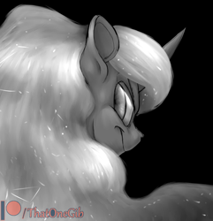 Size: 800x829 | Tagged: safe, artist:thatonegib, character:nightmare moon, character:princess luna, species:alicorn, species:pony, angry, black and white, black background, daily doodle, ethereal mane, female, frown, grayscale, looking at you, looking back, looking back at you, monochrome, patreon, patreon logo, simple background, solo
