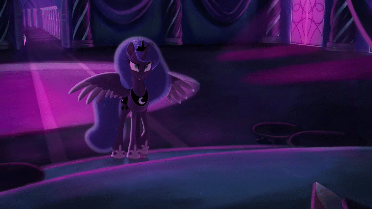 Size: 1500x843 | Tagged: safe, artist:anima-dos, artist:duo cartoonist, artist:lionheartcartoon, character:princess luna, species:pony, angry, animated, female, gif, mare, nightmare luna, solo, spread wings, the moon rises, walking, wings, youtube link