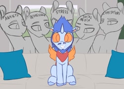 Size: 800x575 | Tagged: safe, artist:shinodage, artist:thatonegib, edit, oc, oc:gib, species:changeling, species:reformed changeling, :o, anxiety, bandana, bedroom eyes, changedling oc, changeling oc, couch, depression, eyes on the prize, grin, looking at you, meme, metaphor, neckerchief, open mouth, pillow, piper perri surrounded, sitting, smiling, smirk, social media, squee, stress