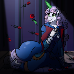 Size: 2048x2048 | Tagged: safe, artist:moonwhisperderpy, artist:percy-mcmurphy, character:sweetie belle, species:anthro, species:pony, species:unicorn, clothing, crying, dress, female, flower, glowing horn, magic, rose, solo, telekinesis