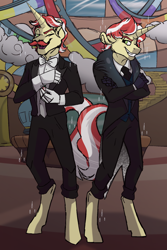 Size: 1200x1800 | Tagged: safe, artist:percy-mcmurphy, character:flam, character:flim, species:anthro, species:pony, species:unguligrade anthro, species:unicorn, clothing, flim flam brothers, male, smiling, stallion, suit