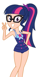 Size: 3111x5768 | Tagged: safe, artist:keronianniroro, edit, editor:michaelsety, character:twilight sparkle, character:twilight sparkle (scitwi), species:eqg human, species:human, equestria girls:forgotten friendship, g4, my little pony: equestria girls, my little pony:equestria girls, adorasexy, adorkable, clothing, color edit, cute, dork, female, glasses, grin, human coloration, humanized, light skin edit, looking at you, peace sign, sexy, simple background, skin color edit, smiling, solo, swimsuit, transparent background, twiabetes, vector, whitewashing