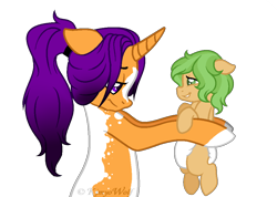 Size: 972x694 | Tagged: safe, artist:kimyowolf, oc, oc only, oc:curiosa dream, species:pony, species:unicorn, female, filly, holding a pony, mare, mother and daughter, simple background, transparent background