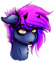 Size: 626x693 | Tagged: safe, artist:aaa-its-spook, oc, oc only, oc:spook, species:demon pony, demon, fangs, horns, lipstick, looking at you, solo