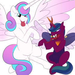 Size: 2048x2048 | Tagged: safe, artist:percy-mcmurphy, character:princess flurry heart, oc, oc:alistair, parent:thorax, parent:twilight sparkle, parents:twirax, species:alicorn, species:changeling, species:changepony, species:pony, species:reformed changeling, colored sclera, cousins, fangs, horn, hybrid wings, interspecies offspring, looking at each other, next generation, offspring, playing, simple background, size difference, tongue out, transparent background