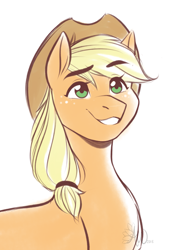 Size: 1881x2624 | Tagged: safe, artist:fairdahlia, character:applejack, species:earth pony, species:pony, clothing, cowboy hat, female, hat, simple background, smiling, solo, white background