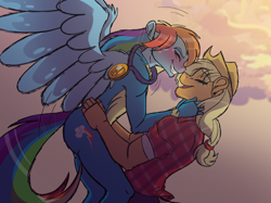 Size: 2732x2048 | Tagged: safe, artist:percy-mcmurphy, character:applejack, character:rainbow dash, species:anthro, ship:appledash, blushing, clothing, cowboy hat, crying, eyes closed, female, flannel, hat, lesbian, medal, open mouth, shipping, smiling, stetson, tears of joy, uniform, wonderbolts uniform