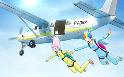 Size: 4000x2500 | Tagged: safe, artist:pandramodo, character:fluttershy, character:rainbow dash, species:human, air ponyville, breasts, cessna 208, clothing, converse, delicious flat chest, eyes closed, falling, flying, goggles, holding hands, humanized, implied derpy, jumpsuit, parachute, plane, rainbow flat, shoes, sky, skydiving, sneakers