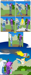 Size: 1370x3242 | Tagged: safe, artist:pheeph, character:starlight glimmer, character:trixie, species:human, old master q, episode:once upon a zeppelin, g4, my little pony: friendship is magic, my little pony:equestria girls, airship, beanie, burning, clothing, comic, crashing, fire, fireworks, hat, oh crap, oh no, oh the humanity, parody, rocket, this will end in death, this will end in jail time, this will end in tears, toy interpretation, trixie's rocket, uh oh, zeppelin