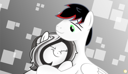 Size: 5542x3208 | Tagged: oc needed, safe, artist:potato22, oc, oc only, oc:mrjunkieplay, species:pony, abstract background, duo, hug, simple background, vector