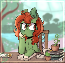 Size: 827x800 | Tagged: safe, artist:urbanqhoul, oc, oc only, oc:withania nightshade, species:pony, book, chair, cute, desk, female, greenhouse, mare, mouth hold, pencil, plant, potted plant, solo, tree