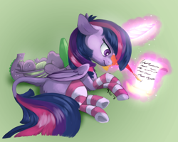 Size: 1280x1024 | Tagged: safe, artist:veesocks, character:spike, character:twilight sparkle, character:twilight sparkle (alicorn), species:alicorn, species:dragon, species:pony, clothing, duo, female, glowing horn, leonine tail, levitation, magic, male, mare, simple background, sleeping, socks, striped socks, telekinesis, thigh highs, writing