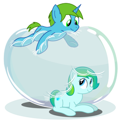 Size: 2450x2450 | Tagged: safe, artist:bladedragoon7575, oc, oc only, oc:balance blade, oc:delphina depths, species:pony, bubble, simple background, squishy, transparent background