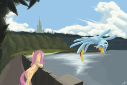 Size: 6000x4000 | Tagged: safe, artist:madgehog, character:fluttershy, character:rainbow dash, species:pegasus, species:pony, female, happy, mare, moscow, nature, russia, sky