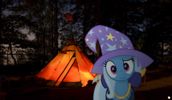 Size: 4110x2390 | Tagged: safe, artist:potato22, character:trixie, species:pony, species:unicorn, bag, camping, female, forest, irl, looking at you, mare, photo, ponies in real life, solo, tents, tree, vector