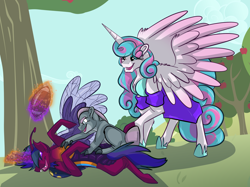 Size: 2732x2048 | Tagged: safe, artist:percy-mcmurphy, character:princess flurry heart, oc, oc:alistair, oc:greyscale, parent:silver spoon, parent:spike, parent:thorax, parent:twilight sparkle, parents:silverspike, parents:twirax, species:alicorn, species:changeling, species:changepony, species:dracony, species:pony, species:reformed changeling, american football, antennae, apple, apple tree, colored sclera, cousins, fangs, female, food, glowing horn, hoof shoes, hybrid, hybrid wings, insect wings, interspecies offspring, lying down, magic, mare, next generation, offspring, playing, size difference, sports, spread wings, telekinesis, tree, trio, wings