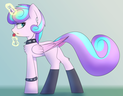 Size: 3583x2789 | Tagged: safe, artist:renderpoint, derpibooru original, character:princess flurry heart, species:alicorn, species:pony, candy, choker, earbuds, female, food, glowing horn, it's not a phase, lollipop, magic, mare, older, older flurry heart, princess emo heart, solo, spiked choker, teenage flurry heart, teenager, telekinesis