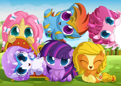 Size: 1500x1067 | Tagged: safe, artist:berrypawnch, character:applejack, character:fluttershy, character:pinkie pie, character:rainbow dash, character:rarity, character:twilight sparkle, species:pegasus, species:pony, g5 leak, leak, applejack (g5), berrypawnch is trying to murder us, bracelet, braid, chibi, cloud, earth pony twilight, fainting couch, female, fluttershy (g5), hiding, jewelry, looking at you, mane six, mane six (g5 leak), mare, pegasus pinkie pie, pinkie pie (g5), race swap, rainbow dash (g5), rarity (g5), smiling, twilight sparkle (g5), unicorn fluttershy