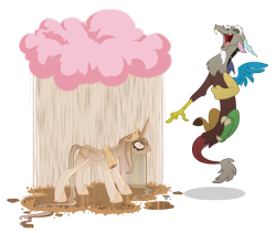 Size: 1596x1349 | Tagged: dead source, safe, artist:anima-dos, character:discord, character:princess celestia, species:alicorn, species:draconequus, species:pony, angry, celestia is not amused, chocolate, chocolate milk, chocolate rain, cloud, discord being discord, duo, eyes closed, female, fluffy, frown, glare, glarelestia, laughing, makeup, male, mare, milk, open mouth, pink cloud, pointing, rain, running makeup, simple background, smiling, transparent background, wet, wet mane, wet tail