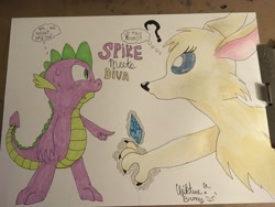 Size: 4032x3024 | Tagged: safe, artist:chiptunebrony, character:spike, oc, oc:diva angelique, copic, faec, frightened, gem, irl, looking at each other, magic, painting, photo, qinnisian, question mark, sweat, telekinesis, text, the symnatrix chronicles, thought bubble, traditional art, written
