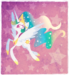 Size: 665x715 | Tagged: safe, artist:disfiguredstick, character:princess celestia, species:alicorn, species:pony, abstract background, female, flying, mare, smiling, wingding eyes