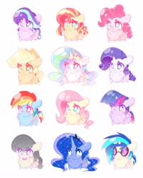 Size: 3289x4096 | Tagged: safe, artist:hungrysohma, character:applejack, character:dj pon-3, character:fluttershy, character:octavia melody, character:pinkie pie, character:princess celestia, character:princess luna, character:rainbow dash, character:rarity, character:starlight glimmer, character:sunset shimmer, character:twilight sparkle, character:twilight sparkle (alicorn), character:vinyl scratch, species:alicorn, species:earth pony, species:pegasus, species:pony, species:unicorn, :3, blush sticker, blushing, chest fluff, chibi, cute, cutelestia, dashabetes, diapinkes, female, floppy ears, fluffy, glimmerbetes, impossibly large chest fluff, jackabetes, lunabetes, mane six, raribetes, shimmerbetes, shyabetes, smiling, tavibetes, weapons-grade cute