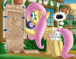 Size: 1400x1082 | Tagged: safe, artist:berrypawnch, character:angel bunny, character:fluttershy, species:pegasus, species:pony, annoyed, comic, duo, female, flutterbutt, mare, mouth hold, plot, poster, tape, the far side, thought bubble