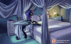 Size: 1440x900 | Tagged: safe, artist:kirillk, oc, oc only, oc:nyx, species:alicorn, species:pony, alicorn oc, bed, bedroom, canopy bed, covering, female, horn, mare, nightwear, patreon, patreon logo, slit pupils, solo, wallpaper, wings