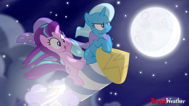 Size: 640x360 | Tagged: safe, artist:brutalweather studio, character:starlight glimmer, character:trixie, species:pony, species:unicorn, accessory swap, animated, cape, clothing, cloud, cute, duo, female, flying, full moon, glare, glimmerbetes, hat, i can't believe it's not hasbro studios, leaning, mare, moon, night, open mouth, rocket, sitting, sky, smiling, smirk, stars, toy interpretation, trixie's cape, trixie's hat, trixie's rocket, wide eyes