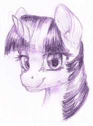 Size: 800x1077 | Tagged: safe, artist:thatonegib, character:twilight sparkle, species:pony, species:unicorn, bust, eyelashes, female, horn, looking at you, mare, monochrome, multicolored hair, pencil drawing, portrait, simple background, smiling, solo, traditional art, white background