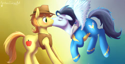 Size: 2336x1198 | Tagged: safe, artist:hoodoo, character:braeburn, character:soarin', species:earth pony, species:pegasus, species:pony, ship:soarburn, blushing, cute, eyes closed, floppy ears, gay, gradient background, kissing, male, shipping, stallion
