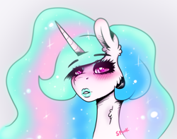 Size: 1306x1029 | Tagged: safe, artist:aaa-its-spook, character:princess celestia, beautiful, blushing, eyeshadow, female, lips, lipstick, looking at you, makeup, solo