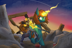 Size: 1500x1000 | Tagged: safe, artist:lux, oc, oc only, oc:dust runner, species:pony, species:unicorn, fallout equestria, amputee, commission, cyborg, female, glowing horn, gun, levitation, magic, mare, prosthetic limb, prosthetics, solo, telekinesis, wasteland, weapon